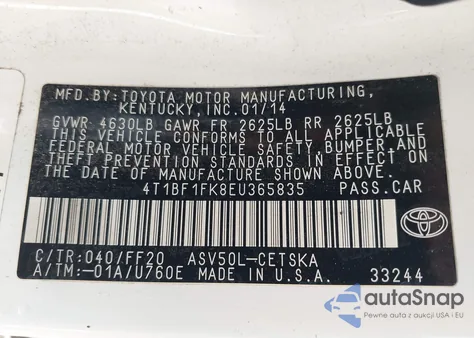 2014 Toyota Camry Se from USA, damaged, VIN 4T1BF1FK8EU365835